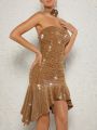 Asavvy 3D Rosette Ruched Ruffle Hem Sequin Tube Dress