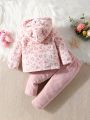 Baby Girls' Leopard Print Bear Pattern 3d Ear Design Hoodie With Pure Color Pants For Warm And Cozy Home Wear