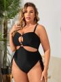 SHEIN Swim Curve Plus Size Round Loop Detail Hollow Out Side Drawstring One-Piece Swimsuit