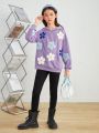 SHEIN Girls' Loose Fit Floral Patched Hoodie With Kangaroo Pocket