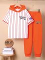 SHEIN Kids SPRTY Big Boys' Loose Sports Hooded Patchwork Pattern Sweatshirt And Sweatpants Two-piece Set