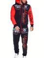 Men's Letter Printed And Contrast Color Zipper Up Hoodie And Sweatpants Sports Suit