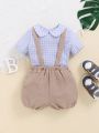 SHEIN Baby Boy Casual Plaid Turn-Down Collar Short Sleeve Shirt And Solid Color Overalls Shorts Set
