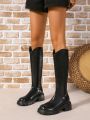 Women's Fashionable Thick Heel Black Pu Leather Knee High Boots