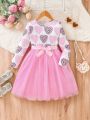 SHEIN Kids FANZEY Little Girls' Heart Printed Mesh Splice Dress