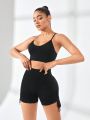 Solid Color Crop Cami Top And Drawstring Side Short Pants Sportswear Set