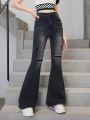 Teen Girls' New Casual Fashionable Slim Fit Water Washed Denim Flared Jeans
