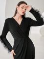SHEIN Modely Women'S Slimming Ostrich Hair Patchwork Ruffle Trim Sheath Dress