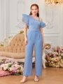 SHEIN Teen Girls' Floral Beaded Layered Ruffle Sleeve Oblique Shoulder Jumpsuit