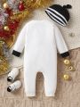 Baby Boys' Christmas Jumpsuit With Digital Printing And Hat, Suitable For Spring & Autumn