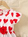 SHEIN Kids EVRYDAY Little Girls' Love Heart Printed Flying Sleeve Dress With Bow Decoration