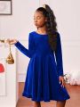 SHEIN Kids Cooltwn Girls' Glittery Street Style Solid Color Long Sleeve Dress With Large Round Collar And Bow