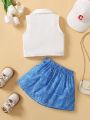 Young Girls' Letter Printed Sleeveless Top And Heart Patterned Skirt