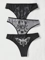 ROMWE Goth 3pcs/set Women's Triangle Panties With Cat, Butterfly, Sun & Moon Printed Pattern