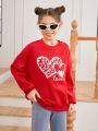 SHEIN Girls' Loose Knitted Sweatshirt With Heart Pattern And Round Neck For Casual Wear, Mommy And Me Matching Outfits (2 Pieces Are Sold Separately)