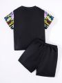 SHEIN Toddler Boys' Casual Comfortable Short Sleeve Top And Shorts Set With Colorful Patterns