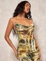 SHEIN BAE Women's Asymmetric High Split Shrink Pleats Wrapped V-Neck Long Dress With Ruffle Hem And Plant Print