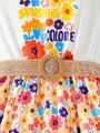 SHEIN Kids EVRYDAY Tween Girls' Belted Short Sleeve Dress With Flower & Letter Print