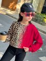 SHEIN Kids Y2Kool Girls' Sporty Sweatshirt With Sweet & Cool Design, Knitted Crew Neck And Long Sleeves