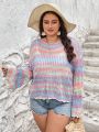 SHEIN CURVE+ Plus Size Long Sleeve Round Neck Ombre Hollow Out Sweater