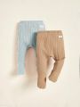 SHEIN Newborn Baby's 3pcs/Set Thin Solid Color Footed Pants With Decoration Label