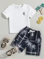 SHEIN Kids SUNSHNE Toddler Boys' Casual Comfortable Coconut Tree Print Two Piece Set