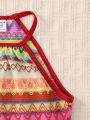 SHEIN Girls' Geometric Print Fringed Dress For Elder Girls
