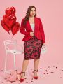 SHEIN Clasi Plus Size Women's Shawl Collar Long Sleeve Blazer And Floral Printed Knee Length Skirt Set