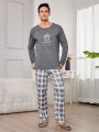 Men Floral & Slogan Graphic Tee & Plaid Pants PJ Set