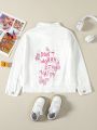 Tween Girls' Loose Regular Fit Pink Ironed Butterfly & Letter Pattern Denim Jacket