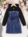 Young Girl Denim-Effect Print Two Tone Hooded Dress