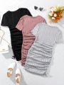 SHEIN Kids HYPEME Tween Girls' Sporty Knit Solid Crew Neck Short Sleeve Dresses, 3pcs/set