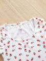 SHEIN Kids FANZEY Young Girl Set Of 3 Short Sleeve Knit Ribbed T-Shirts With Crewneck And Floral Print