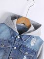 Boys' High-end Washed Denim Jacket With Design Patchwork Knit Sweater, Distressed Detail And Hoodie