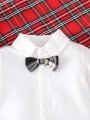 Baby Boys' Large Bow Tie Shirt Romper And Plaid Suspender Pants Set