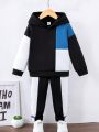 SHEIN Little Boys' Color Block Hoodie And Jogger Pants Set