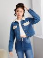 SHEIN Teen Girl Contrast Collar Flap Detail Denim Jacket