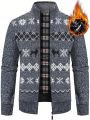 Men Christmas Pattern Zip Up Thermal Lined Cardigan