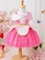 SHEIN Baby Girl Princess Style Pink Mesh Dress With Hollowed-Out Petal Shaped Shoulder Decoration