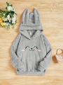 SHEIN Kids QTFun Girls' Knitted Solid Plush Bunny Embroidery Hoodie With Loose Fit