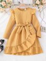 SHEIN Kids SUNSHNE Girls' Yellow Round Neck Wrap Front Dress