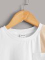 SHEIN Teen Boy's Casual Basic Three Colors Splicing Chest Pocket Round Neck T-Shirt