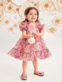 SHEIN Mother & Baby Girls' Romantic Floral Pattern Organza Ruffle Sleeve Dress