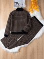 Teenage Girls' Geometric Pattern High Neck Sweater And Knitted Pant Set