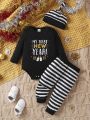 Infant Boys' Slogan Printed Long Sleeve Top And Striped Pants Set