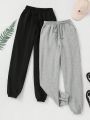 SHEIN Teenage Girls' Knitted Monochrome Sweatpants With Slant Pocket (2pcs)