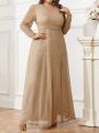 SHEIN Belle Plus Size High Slit V-Neck Satin Fabric Evening Party Dress