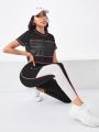 SHEIN Running Colorblock Sports Tee & Phone Pocket Side Leggings