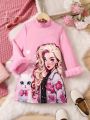 SHEIN Kids Cooltwn Girls' Pink Anime Style Fashionable Long Sleeve Halfhigh Collar Dress, Spring, Autumn And Winter