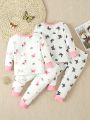 Baby Girls' White Butterfly And Flying Horse Printed Bodysuit With Long Pants And Long Sleeve, 2pcs, Home Clothes